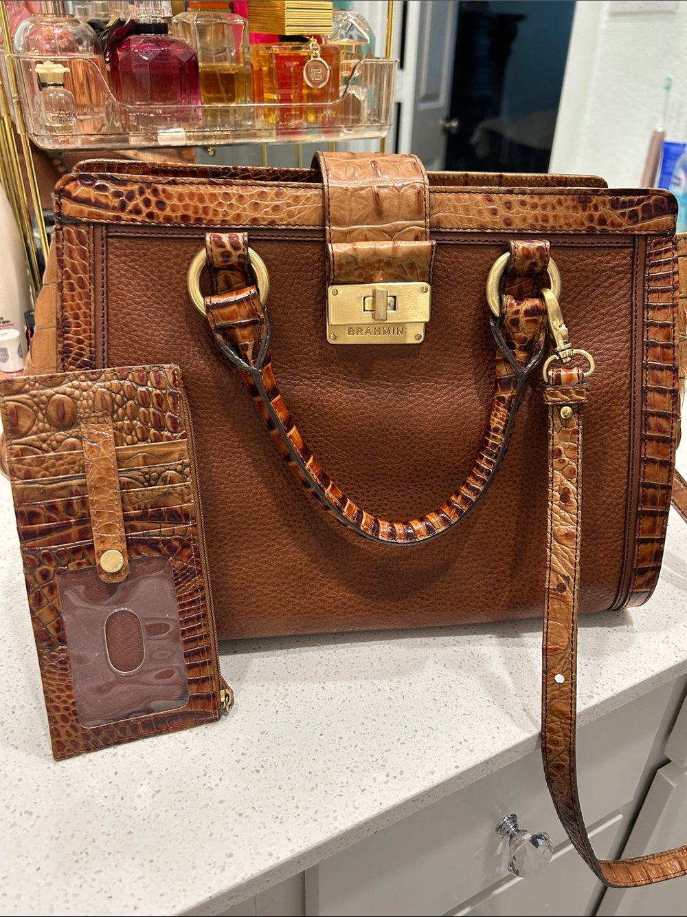 Brahmin Cognac Brown Leather Satchel with Croc-Embossed Trim and Gold Hardware.